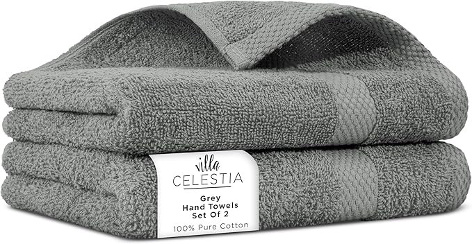 Villa Celestia 100% Cotton Hand Towel Set of 2, (16 x 28 inches) Sustainable, Soft, Highly Absorbent, Quick Drying, Combed Cotton Hand Towels Pack of 2 Ideal for Hotels, Spa, Bathroom, Dorm, Grey