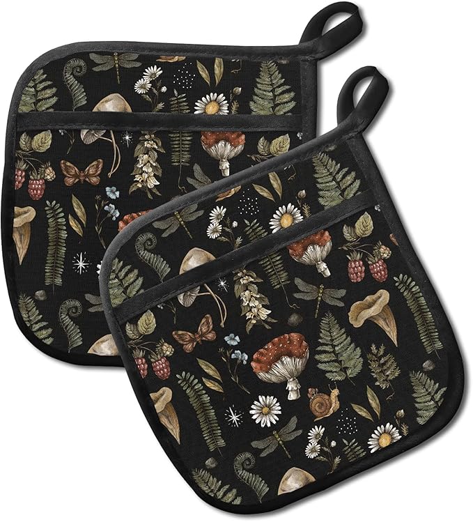 Pot Holders for Kitchen, Heat Resistance Hot Pads, Cute Potholder with Pocket for Kitchen Cooking Baking 2 Packs, Cute Mushroom