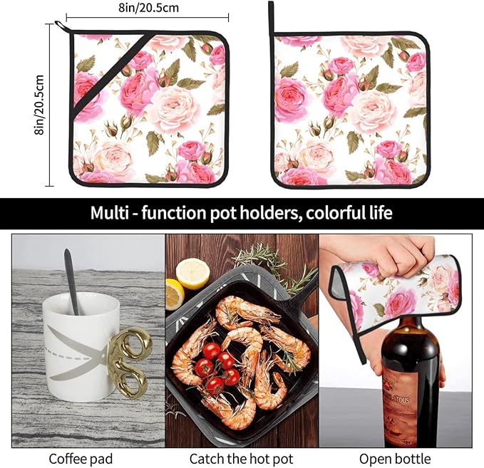 Elegant Hanging Oven Pads and Pot Holders Set, Pink Roses Kitchen Heat Resistant and Non-Slip Potholder with Loop for Cooking BBQ Kitchen Set of 2
