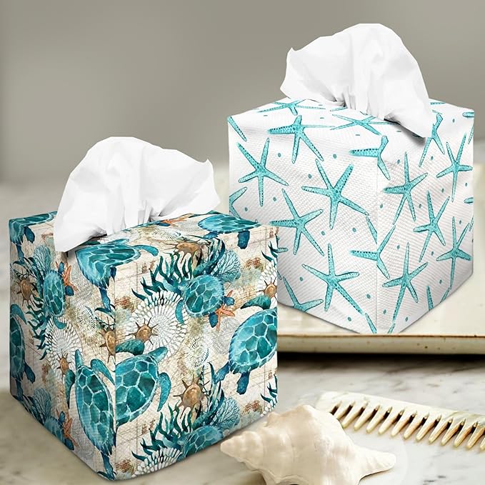 Tissue Box Cover Square Decorative Tissue Box Holder Cute Funny Cube Tissue Case Cover-Sea Turtle Tissue Box Cover