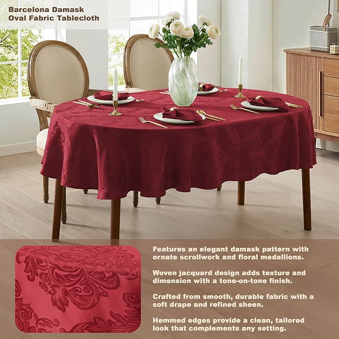 Newbridge Barcelona Damask Fabric Tablecloth, 60 x 84 Inch Oval, Burgundy – No Iron, Soil Resistant Table Cover for Dining, Parties and Holidays