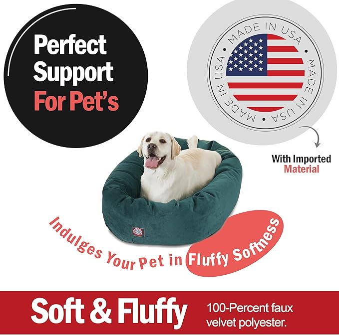Majestic Pet 40 Inch Micro Velvet Calming Dog Bed Washable – Cozy Soft Round Dog Bed with Spine for Head Support - Fluffy Donut Puppy Mat 40x29x9 (inch) Large – Marine