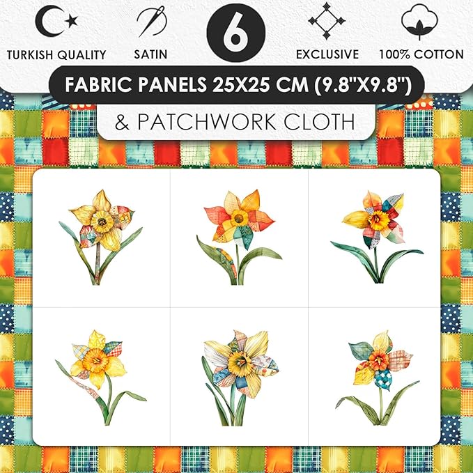 Daffodil Patchwork Cotton Fabric Panel – 6 Designs (10×10 inch Each) + Bonus Patchwork Sheet 29.5×19.6 inch, 100% Cotton 140 GSM