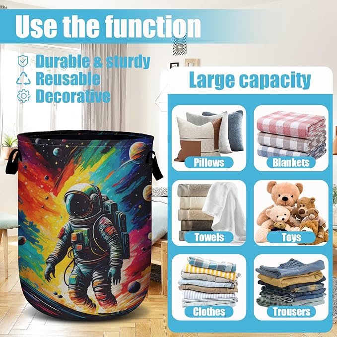Astronaut Space Laundry Basket, Laundry Hamper Collapsible Oxford Cloth with Handle Clothes Toy Storage Bin for Bathroom Laundry Room Bedroom 15.7 X 20 Inch