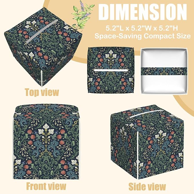 BLYKVGHQ Garden Flowers Square Tissue Box Cover William Morris Art Tissue Box Holder Facial Cube Paper Dispenser Leather Decorative Organizer Home Office Desk Decor, 5.2"x5.2"x5.2"