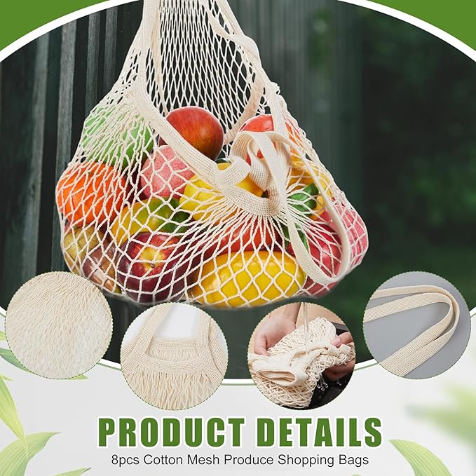 SATINIOR 8/16 Pcs Large Cotton Mesh Grocery Bags 16x16x12 Inch Reusable Cotton String Shopping Bag Beige Produce Container