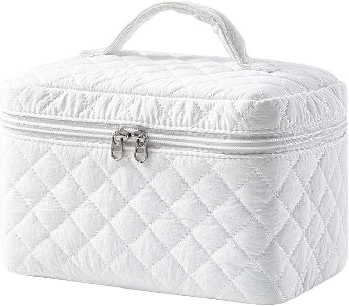 HBselect Christmas Gifts Large Quilted Makeup Bag, Cute Cotton Travel Makeup Bag with Handle, Portable Coquette Floral Make up Bags, Toiletry Organizer Make up Bags for Women Teen Girls Mom
