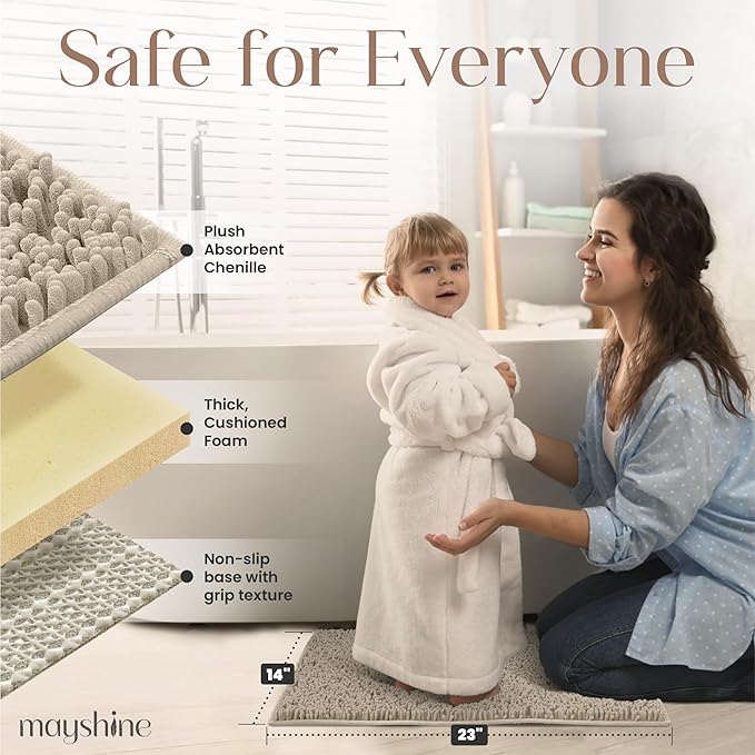 MAYSHINE Plush Shaggy Chenille Bath Mat | Extra Soft, Super Absorbent, Non-Slip Bathroom Rug | Fluffy Microfiber, Area Rug Sets for Bathroom Floor, Kitchen, Living Room | 23"x14" | Beige