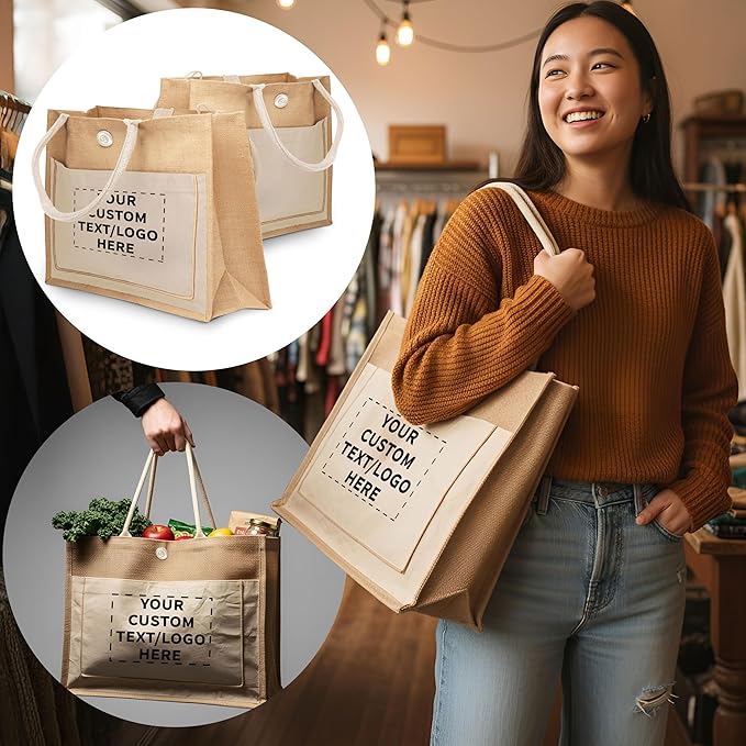 DISCOUNT PROMOS Custom Jute Tote Bags with Cotton Pocket Set of 50, Personalized Bulk Pack - Reusable, Great for Picnic, Camping, Beach, Outdoor Activities - Natural