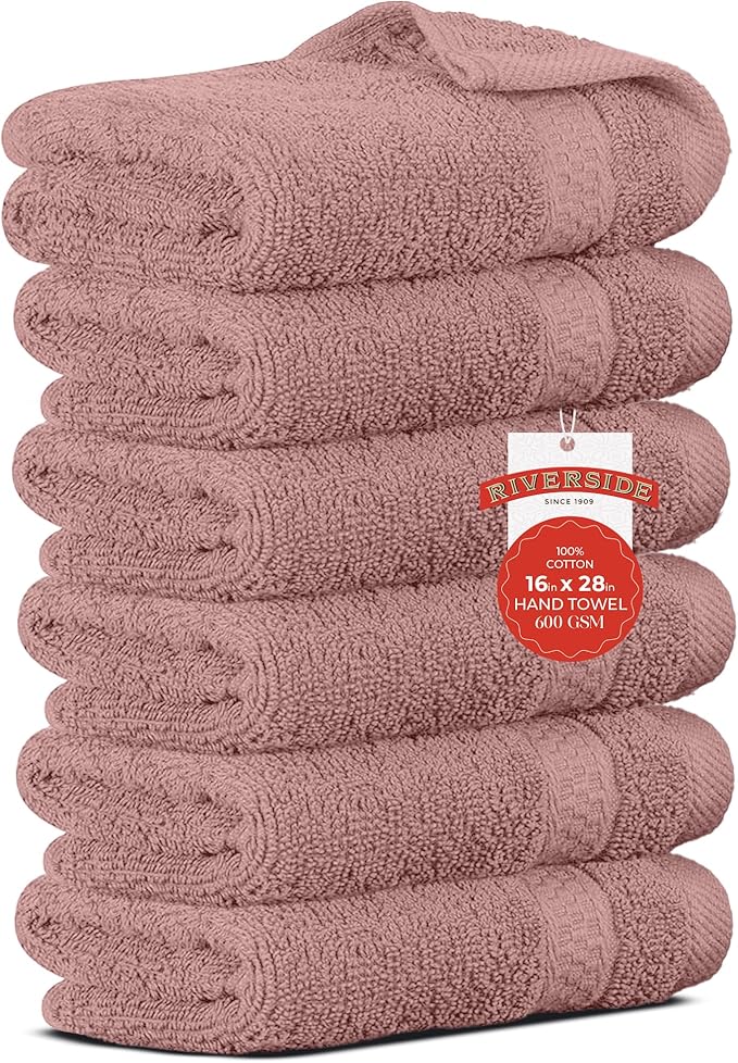 RIVERSIDE 6 Pack Premium Hand Towels Set, 16x28 inches, 100% Ring Spun Cotton, 600 GSM, Soft, Quick Dry and Highly Absorbent, Towels for Bathroom, Kitchen, Gym, Spa - Dusty Rose