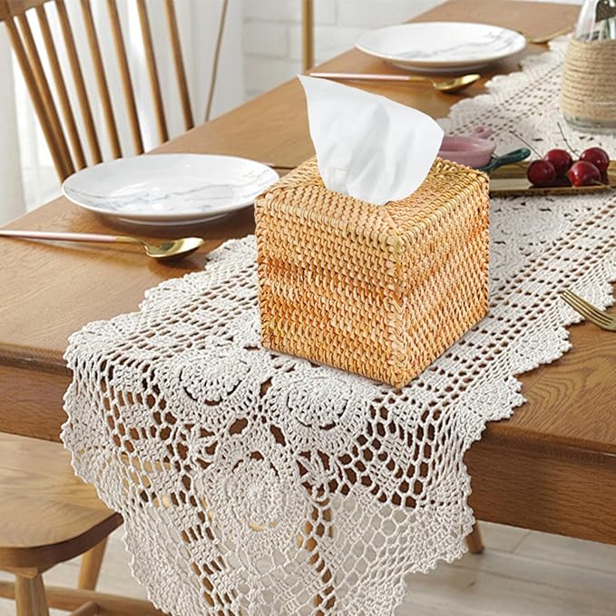 4 Pack Rattan Tissue Box Cover Square, Hand Woven Wicker Tissue Holder, Tissue Box Holder, Wicker Tissue Box Cover, 5.5 x 5.5 X 5.5 inch, Natural