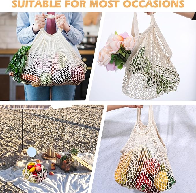wutfuooo 12 Pieces Reusable Mesh Grocery Bags Portable Cotton Produce Containers Washable Net Mesh Reusable Tote Bag with Handle String Shopping Organizer for Fruit Vegetable Shopping Storage Market