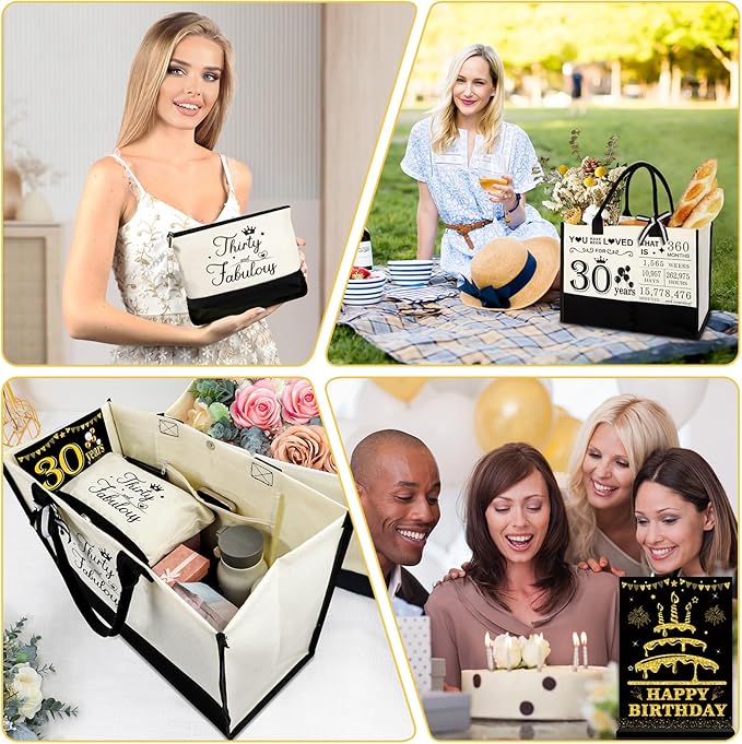 YeohJoy 30th Birthday Gifts for Women 30 and Fabulous Canvas Tote Bag Travel Gear, Unique 30 Years Old Gifts for Wife Sister Mom Aunt Friends Her, Handbag & Cosmetic Bag & 30 Birthday Poster