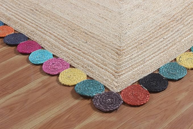 Scalloped Edge Rug, Hand Woven Natural Jute Area Rug, 3x3 Ft Square Beige & Multicolor Braided Kilim Rugs for Living Room, Kitchen, Entryway, Farmhouse