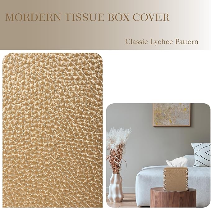 Tissue Box Cover PU Leather Tissue Holder Square Decorative Home Decor Cube Boxes for Bathroom, Kitchen, Nightstand, Office Desk Essentials, Gold