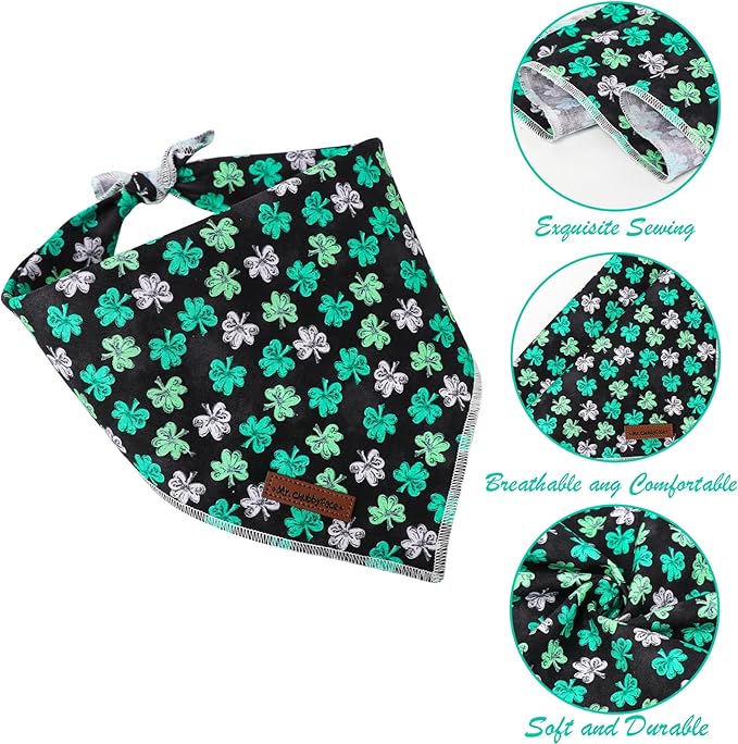 MR. CHUBBYFACE St.Patrick's Green and Whit Clovers Dog Bandanas Reversible Triangle Bibs Scarf Accessories for Dogs Cats Pets L