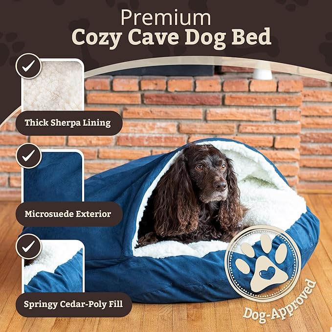 Snoozer Cozy Cave Dog Bed - Indoor Dog Bed with Cover Cave, Covered Calming Burrow for Medium & Large Sized Pets with Blanket Attached, Enclosed, Removable Washable Cover - XL, Sapphire