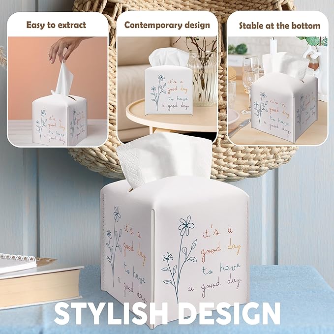 Leather Decorative Tissue Box Holder, Tissue Box Cover Square with Belt Bottom, Positive Inspirational Gift Ideas for Friends, It's A Good Day Decor for Bathroom Office-(5.2 Inches) A27