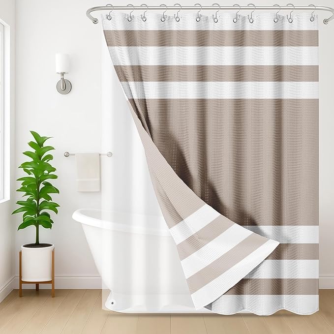 Nesphy Shower Curtain and Liner, Taupe Striped 3 in 1 Shower Curtain and PEVA Liner Set with 12 Rust-Resistant Metal Hooks, Waterproof Fabric Shower Curtains for Bathroom, 72 W x 72 H