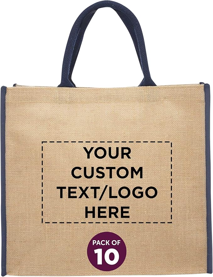 DISCOUNT PROMOS Custom Fresno Eco Friendly Jute Tote Bags Set of 10, Personalized Bulk Pack - Reusable, Great for Tradeshows, Grocery, Shopping and Outdoor Events - Blue