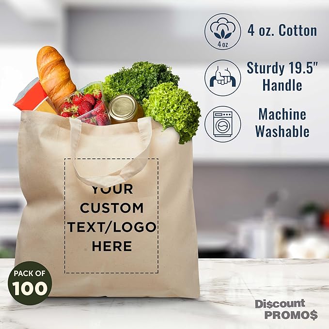 DISCOUNT PROMOS Custom Cotton Tote Bags (Set of 100) - Personalized, Reusable & Eco-Friendly - Perfect for Grocery, Promotions, Branding - Natural Color, 14.5"X16.75", 4 OZ Cotton