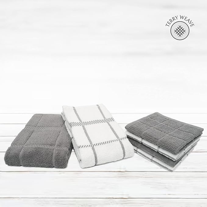 Mellow Buff 100% Cotton Terry Dish Cloth & Dish Towel, 6 Pack, Super Soft and Absorbent Kitchen Towels, Perfect for Kitchen Cleaning and Dish Washing (Grey (DT and DC Combo))