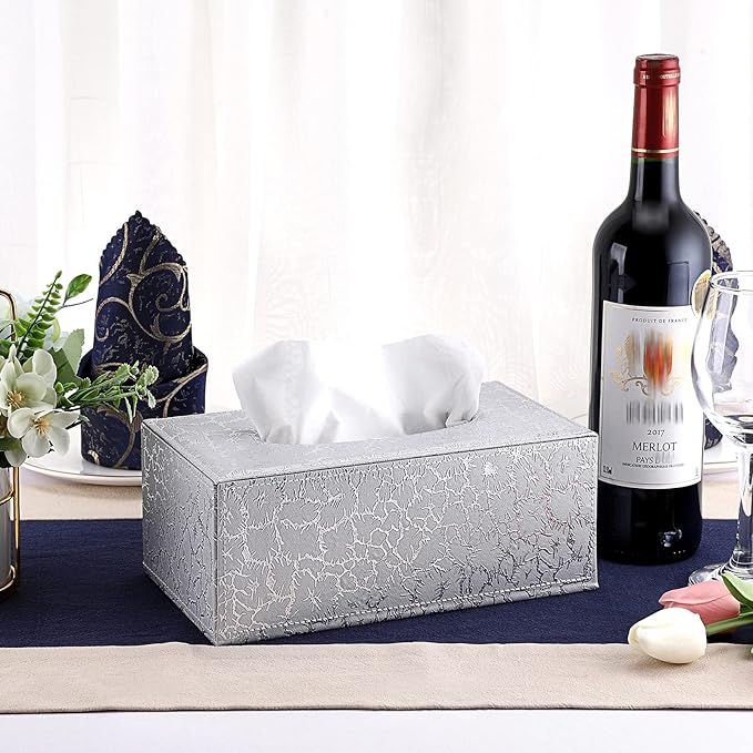 Sumnacon Rectangular Leather Tissue Box Cover - Stylish Tissue Box Holder with Magnetic Bottom, Decorative PU Tissue Box for Vanity Dresser Night Stand Table Countertop Home Office Car, Silver