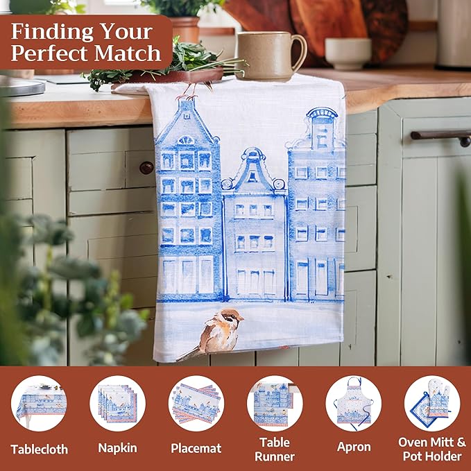 Maison d'Hermine Kitchen Towels Set of 3 100% Cotton 27.50" x 20" Reusable Cloth Tea Dish Towels Absorbent with Hanging Loop for Kitchen,Home,Dining,Cocktail Parties Spring/Summer (Amsterdam Canals)