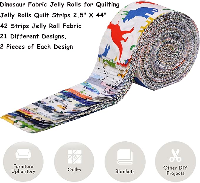 Hanjunzhao Dinosaur Fabric Jelly Rolls for Quilting, 42 Strip 2.5" x 44" Dinosaur Jelly Roll Fabric, Soft Cotton Material Strips for Baby Boy Kids Blanket, Rug, Upholstery, Home Décor, and Crafts