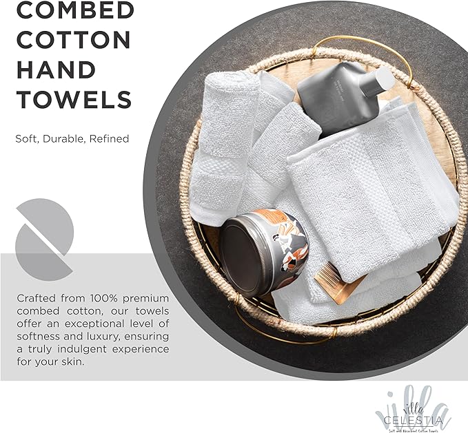 Villa Celestia 100% Cotton Hand Towel Set of 2, (16 x 28 inches) Sustainable, Soft, Highly Absorbent, Quick Drying, Combed Cotton Hand Towels Pack of 2 Ideal for Hotels, Spa, Bathroom, Dorm, White