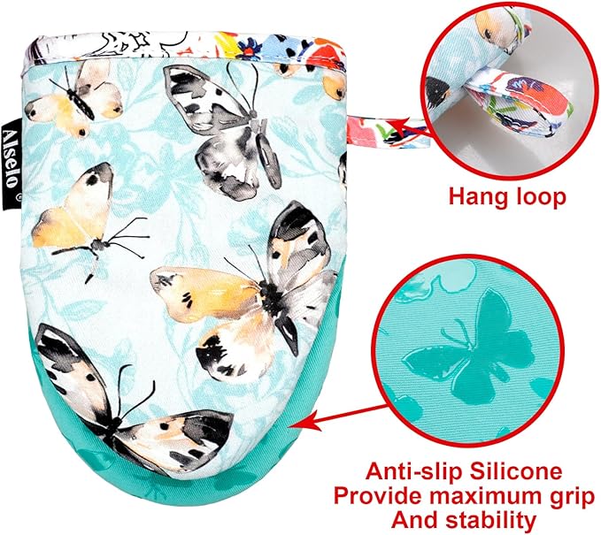 Mini Oven Mitts,2pk - Silicone Little Kitchen Gloves, Heat Resistant with Non-Slip Grip and Soft Quilted Cotton Lining for Safe Backing Cooking Barbecue (Turquoise, Butterfly)