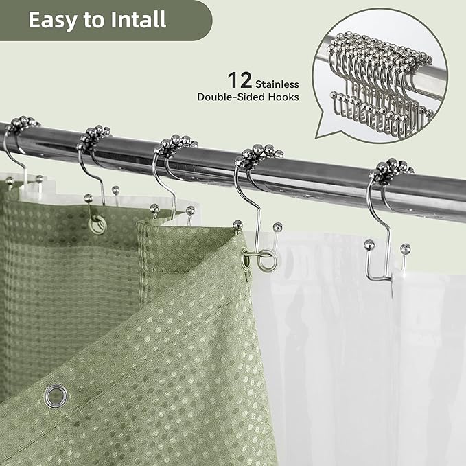 Lameirose Shower Curtain and Liner Set, 3 in 1 Waffle Shower Curtain Set with 12 Double Sided Shower Curtain Hooks, Fabric Shower Curtains for Bathroom, Green, 72 x 72