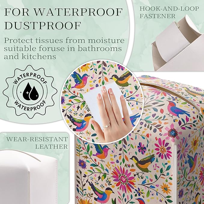 Floral Bird Tissue Box Holder, Scandinavian Leather Tissue Box Cover Square with Bottom Belt, Paper Napkins Everyday Dispenser for Bathroom Night Stands Kitchen Office Car Home Decor