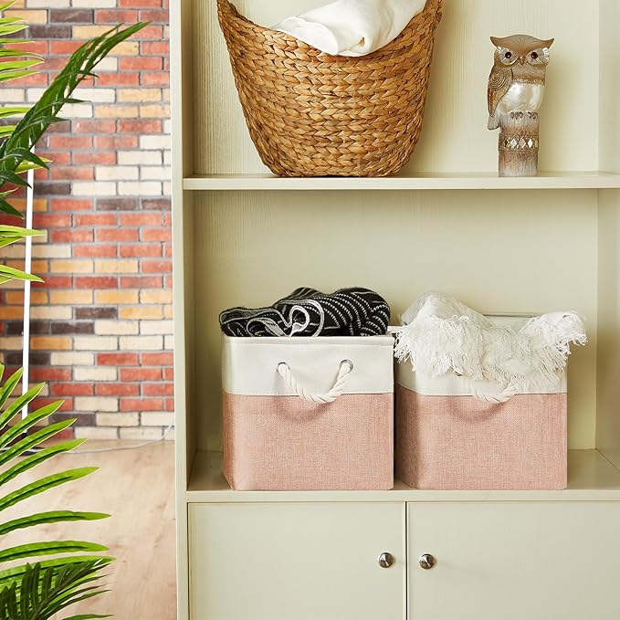 Geiserailie 6 Pcs 11 x 11 Inch Cube Storage Bins Fabric Storage Organizer Bins Foldable Cube Baskets with Sturdy Carry Handles Wicker Baskets for Home (Orange Pink and White)