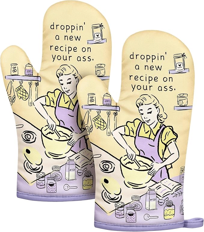 Slohif Funny Oven Mitt Heat Resistant for Women - 2 Pack Purple Cute Novelty Cool Kitchen Oven Mittens with 100% Cotton for Baking and Cooking Accessories