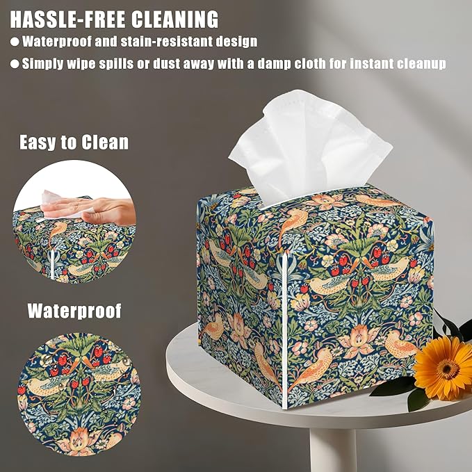 BLYKVGHQ Strawberry Thief Tissue Box Cover Square, William Morris Tissue Box Holder with Bottom Belt Leather Facial Paper Organizer Dispenser for Bathroom Bedroom Dresser Night Stand Tabletop