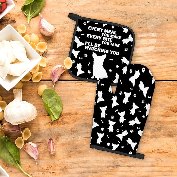 Chihuahua Gifts Dog Oven Mitts and Pot Holders Sets, Chihuahua Decor Dog Kitchen Accessories Sets, Every Meal You Make ChihuahuaDog Heat Resistant Oven Glove Potholders for Kitchen Baking