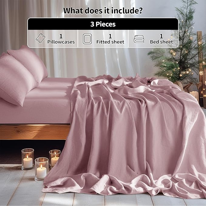 LBRO2M 100% Linen Sheet Set Twin XL Size,Bed Sheets 3 Piece Sets,Solid Color Natural Flax Bed Sheets Soft Breathable Bedding,16" Deep Pocket,All Season (Twin XL, Embroidery Purple)