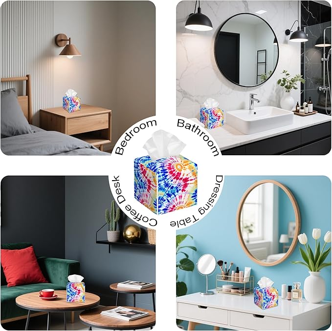 Rainbow Tie Dye Swirl Tissue Box Cover Square,Tissue Box Holder with Belt Bottom,Stylish Leather Napkin Holder for Vanity Countertop,Nightstands,Office Desk,5.2"×5.2"×5.2"