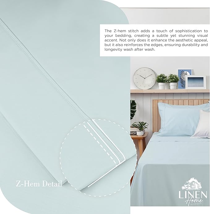 Linen Home 100% Cotton Percale Sheets King Size, Blue Duck Egg, Deep Pocket, 4 Pieces Set - 1 Flat, 1 Deep Pocket Fitted Sheet and 2 Pillowcases, Crisp Cool and Strong Bed Linen