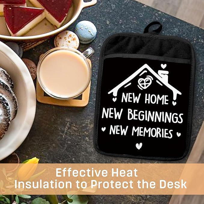 Housewarming Gifts Pot Holders with Pockets, New Homeowner Gifts, New Home Beginnings Memories Oven Pot Holders Heat Resistant Oven Mitts Hot Pads for Kitchen Baking Cooking