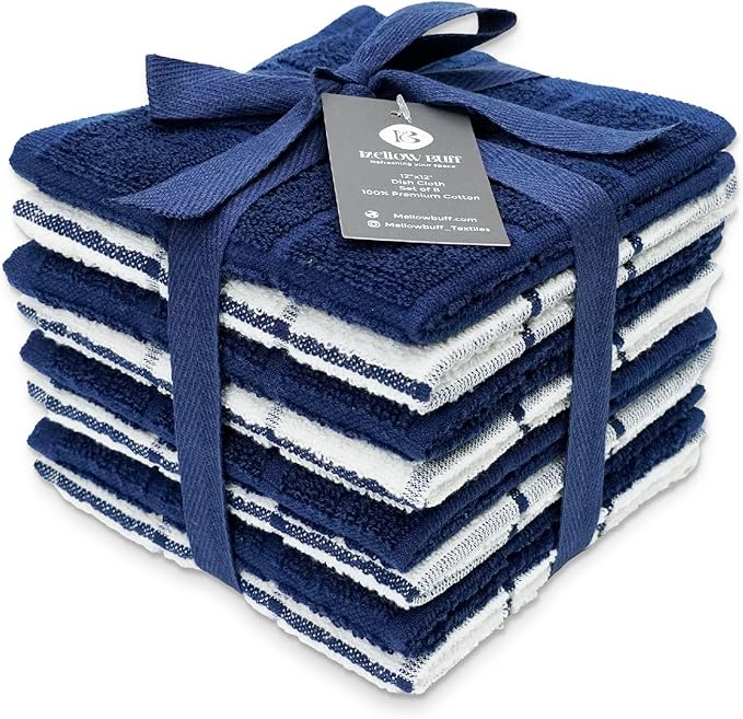 Mellow Buff 100% Cotton Terry Dish Cloth & Dish Towel, 6 Pack, Super Soft and Absorbent Kitchen Towels, Perfect for Kitchen Cleaning and Dish Washing (Navy (Solid and Check) 8 Pack)