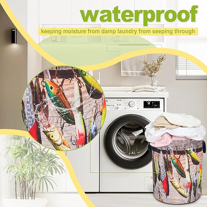 Fishing Laundry Basket Funny Fish Foldable Waterproof Oxford Cloth Tote Bag Laundry Hamper Round Large Clothes Storage Bucket Toy Organizer For Bathroom/Laundry Storage/Bedroom 18.9x16.5 Inch