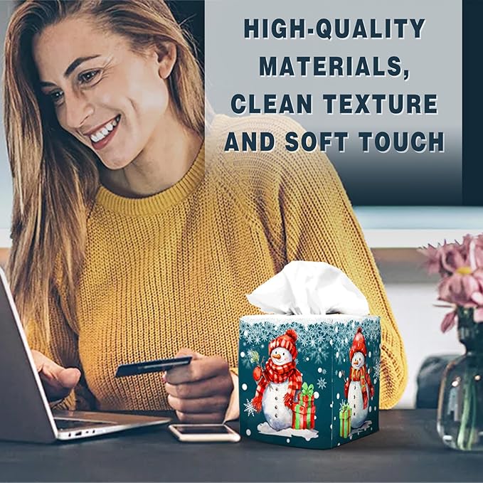 Tissue Box Cover Square Decorative Tissue Box Holder Cute Funny Cube Tissue Case Cover-Xmas Decor Christmas Snowman Tissue Box Cover