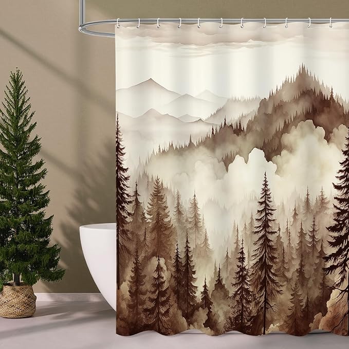 Litabel Brown Misty Pine Forest Shower Curtain, Tan Mountain Foggy Woodland Scenery Tree Shower Curtains for Chic Rustic Bathroom, Abstract Modern Waterproof Nature-Themed Decor, 72x72 Inches