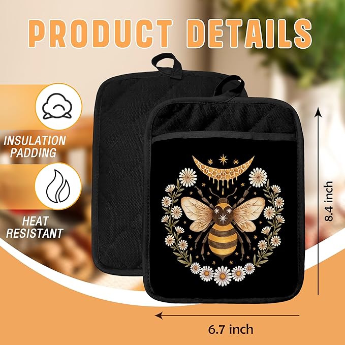 Bee Gifts Pot Holders with Pockets, Bee Themed Gifts, Honeybee Daisy Flowers Oven Pot Holders Heat Resistant Oven Mitts Hot Pads for Kitchen Baking Cooking