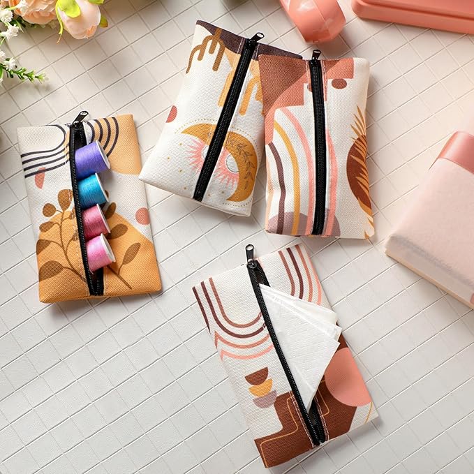 8 Pieces Purse Tissue Holder Reusable Travel Tissue Pouch Fabric Zipper Purse for Bag Car Office Home(Boho)