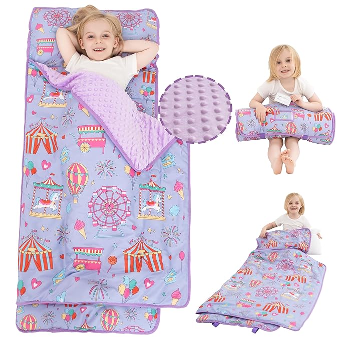 Viviland Toddler Nap Mat, Rolled Sleeping Mats with Pillow and Minky Dot Blanket, Large Thick Kids Girls Slumber Bag/Sleeping Mat for Preschool, Daycare, Kindergarten, Travel Camping