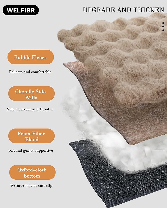Welfibr Fluffy Faux Fur Dog Bed Medium Size Dog Washable Rasied Dog Bed Orthopedic Dog Bed with Sides Noiseless Supportive Foam Dog Couch Anti-Slip Comfort Pet Beds with Removable Cover Brown 42"