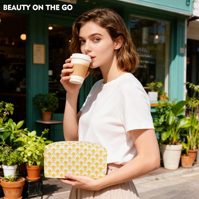 STARDW Aesthetic Floral Makeup Bag with Wrist Strap, Small Cute Cosmetic Pouch for Women with Zipper and Canvas Lining